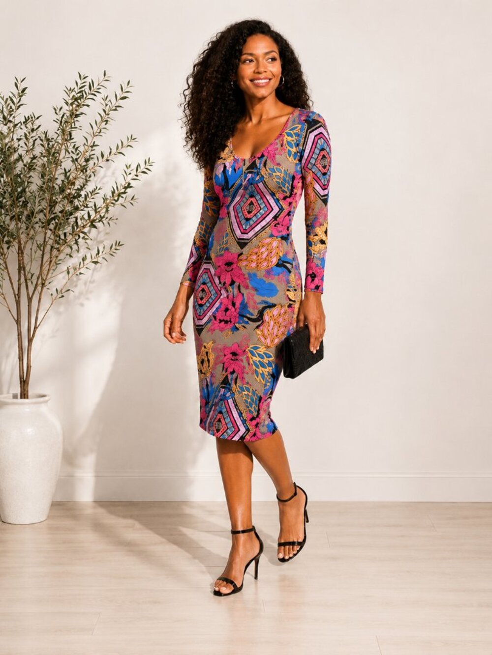Nicki Minaj Floral Bodycon Midi Dress Multicolor Zip Front S | NWT